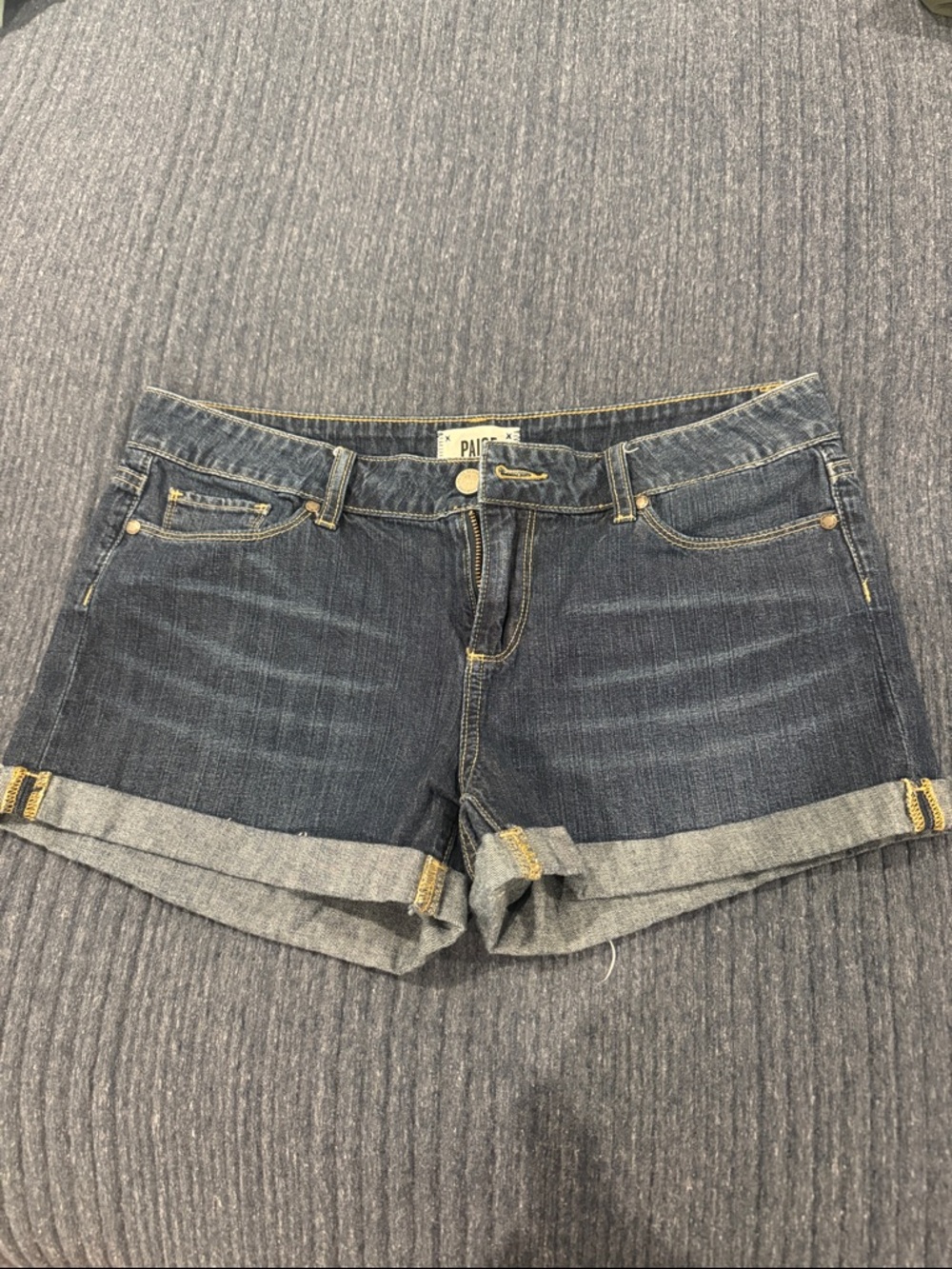 PAIGE Dark Indigo Rolled Cuff Denim Shorts